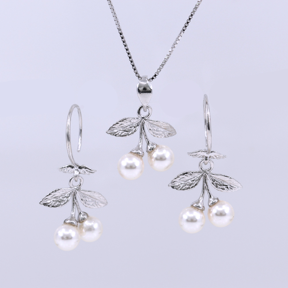 Cherry set with Swarovski pearls white, earrings, chain, pendant, 925 silver rhodium