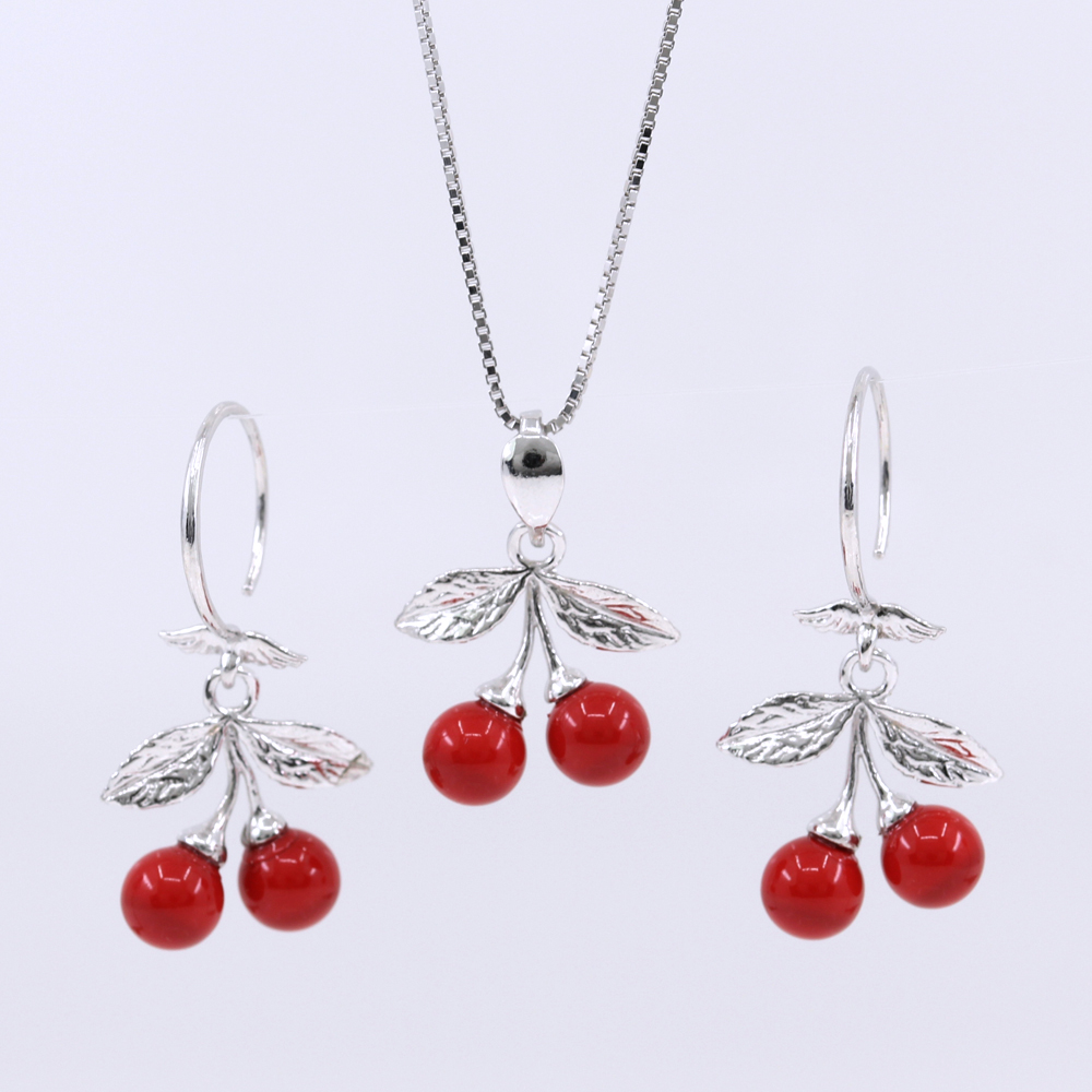 Cherry set with Swarovski red coral pearls, earrings, chain, pendant, 925 silver rhodium