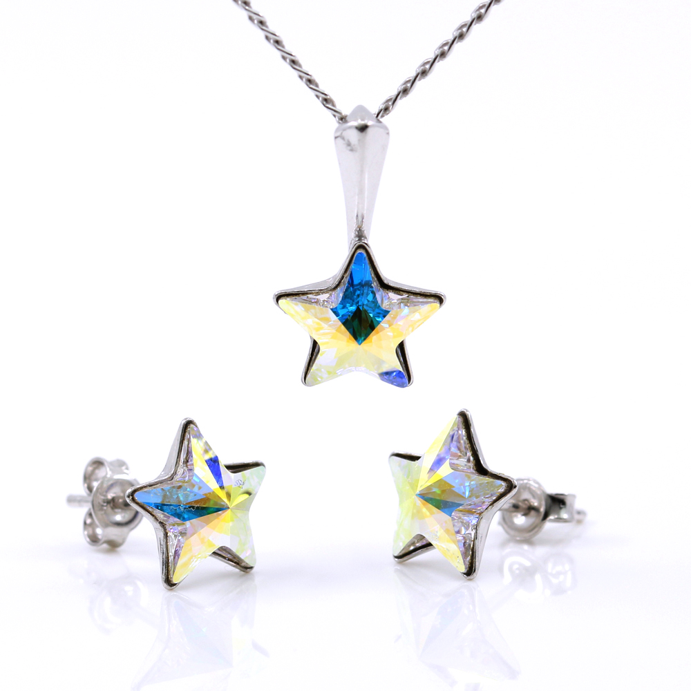 Star set with Swarovski Aurore Boreale crystals, earrings, chain, pendant, 925 rhodium-plated silver