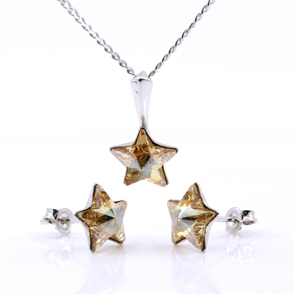 Star set with Swarovski Golden Shadow crystals, earrings, chain, pendant, 925 rhodium-plated silver