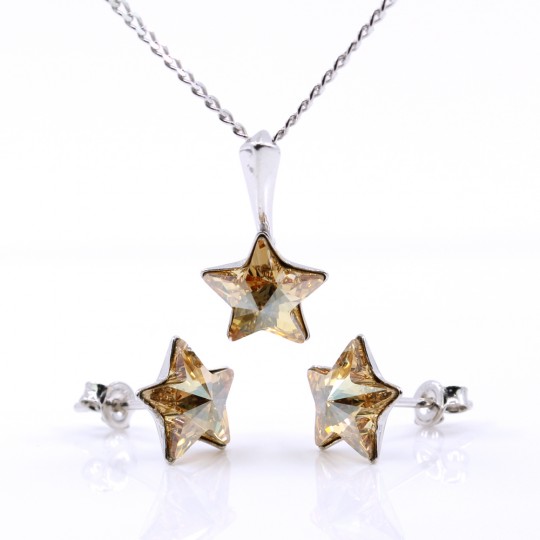 Star set with Swarovski Golden Shadow crystals, earrings, chain, pendant, 925 rhodium-plated silver