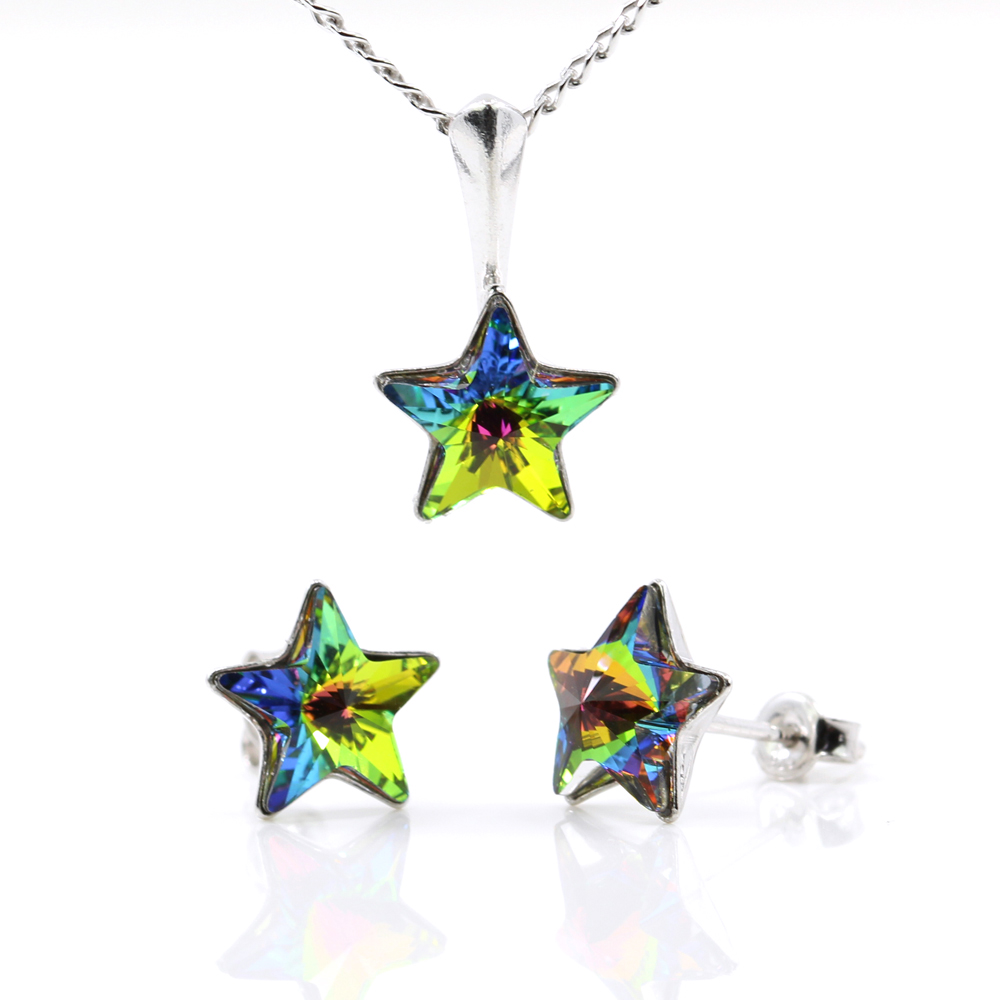 Star set with Swarovski Vitrail Medium crystals, earrings, chain, pendant, 925 rhodium-plated silver