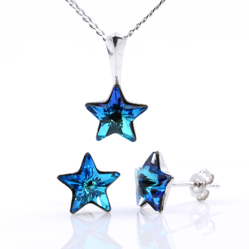 Star set with Swarovski Bermuda Blue crystals, earrings, chain, pendant, 925 rhodium-plated silver