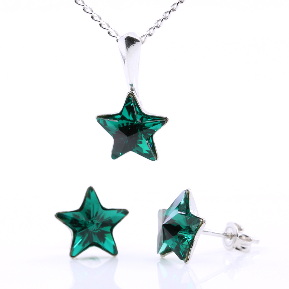 Star set with Swarovski Emerald crystals, earrings, chain, pendant, 925 rhodium-plated silver