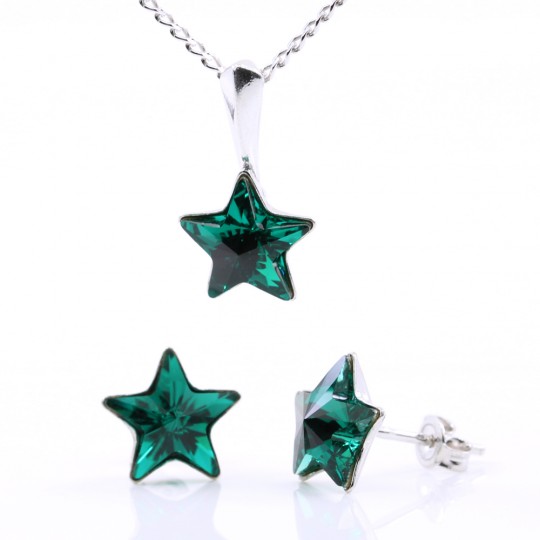 Star set with Swarovski Emerald crystals, earrings, chain, pendant, 925 rhodium-plated silver