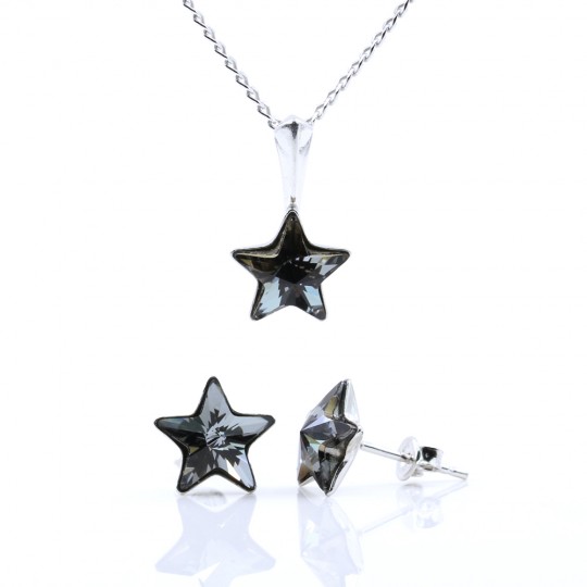 Star set with Swarovski Silver Night crystals, earrings, chain, pendant, 925 rhodium-plated silver