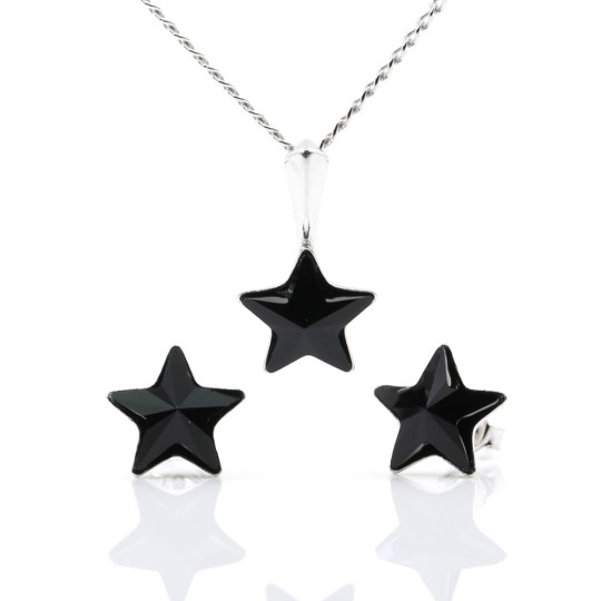 Star set with Swarovski Jet crystals, earrings, chain, pendant, 925 rhodium-plated silver