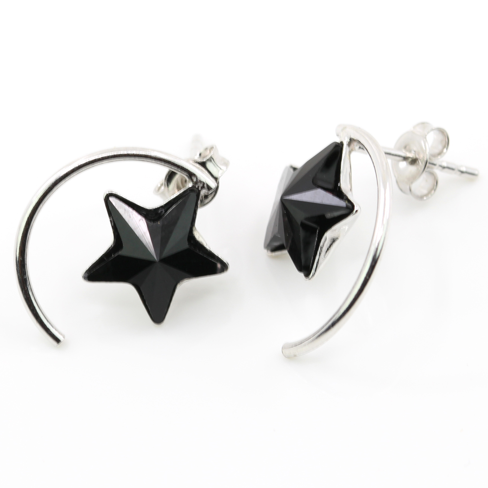 Star earrings with Swarovski crystals Jet, 925 rhodium-plated silver