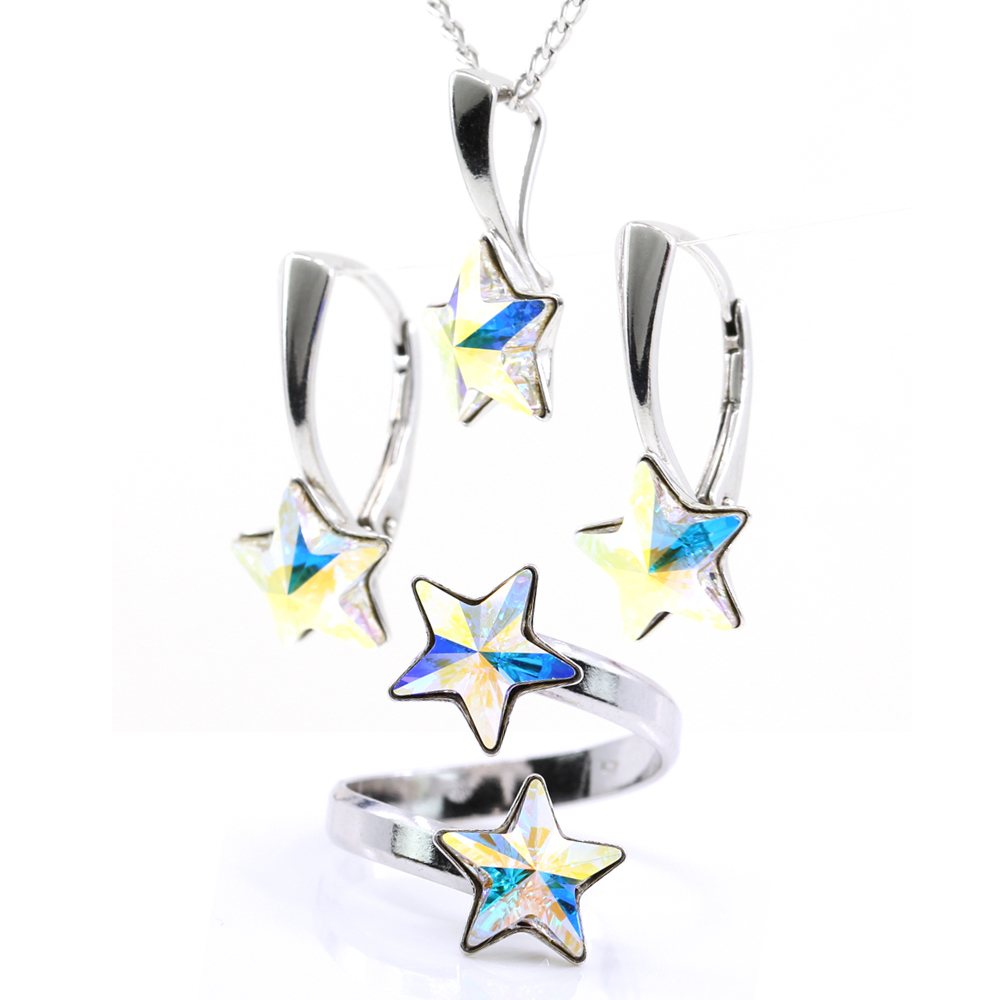 Star complete set with Swarovski crystals Aurora Boreale, 925 rhodium-plated silver