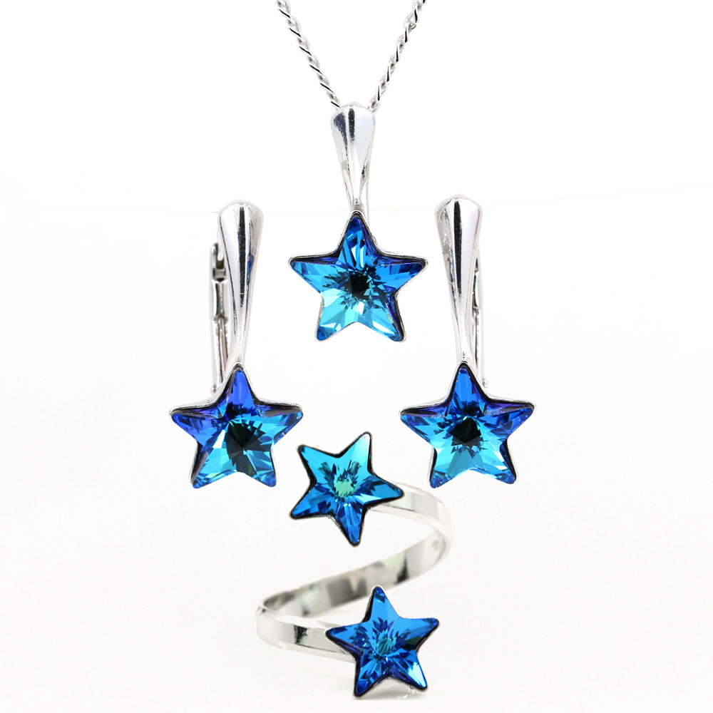 Set complet Star cu cristale Swarovski Bermuda Blue, argint 925 rodiat