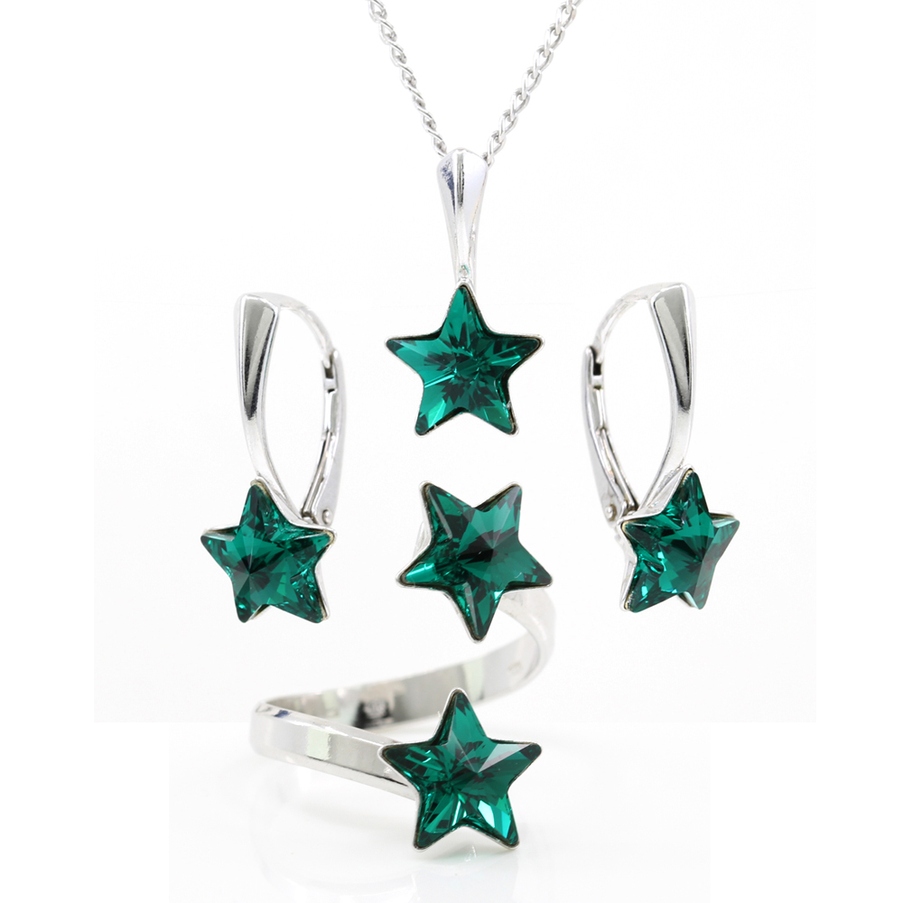 Star complete set with Swarovski crystals Emerald, silver 925 rhodium-plated