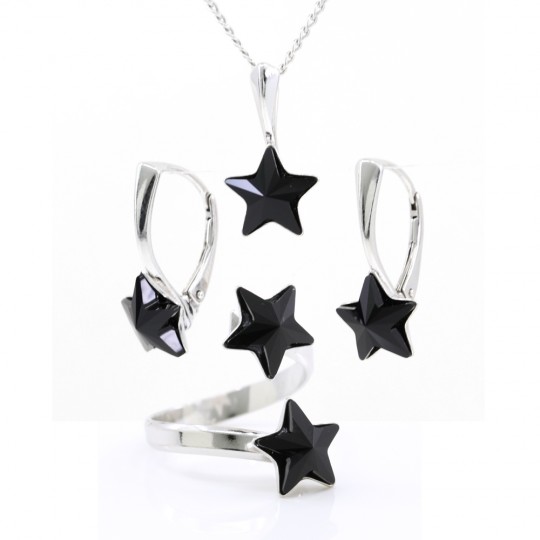 Complete Star set with Swarovski Jet crystals, 925 rhodium-plated silver