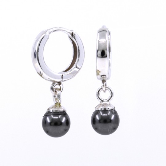 Creole earrings with Swarovski dark grey pearls, 925 rhodium-plated silver