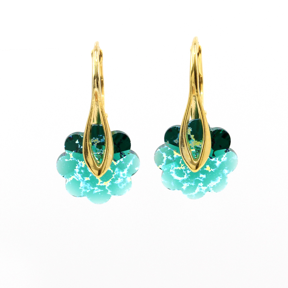 Marguerite Earrings with Swarovski Emerald White Patina Crystals, Gold Plated 925 Silver