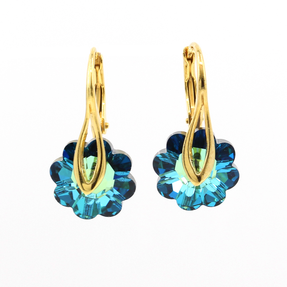 Marguerite Earrings with Swarovski Bermuda Blue Crystals, Gold Plated 925 Silver