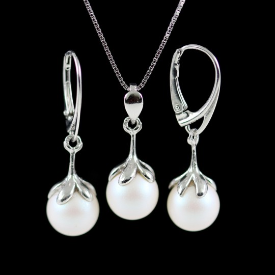 Princess Set with Swarovski Pearlescent White Pearls, Earrings, Pendant, Chain, Rhodium Plated 925 Silver