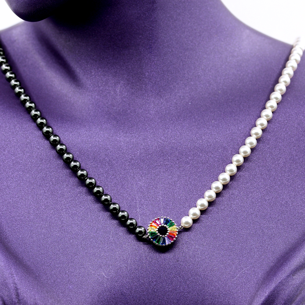 Necklace with round Swarovski White and Black pearls, multicolor link in 925 rhodium-plated silver, 44cm