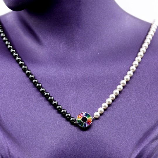 Necklace with round Swarovski White and Black pearls, multicolor link in 925 rhodium-plated silver, 44cm