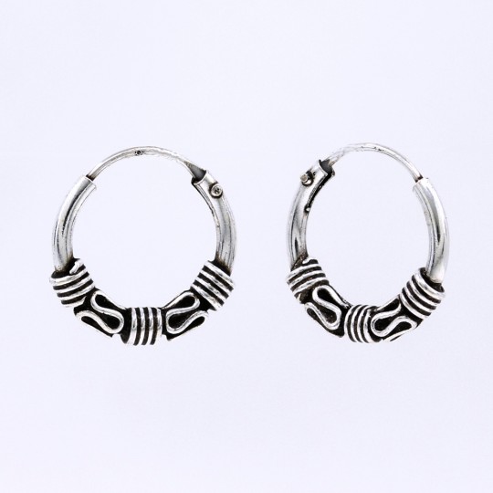 Bali hoop earrings, 925 rhodium-plated silver, 15x3mm