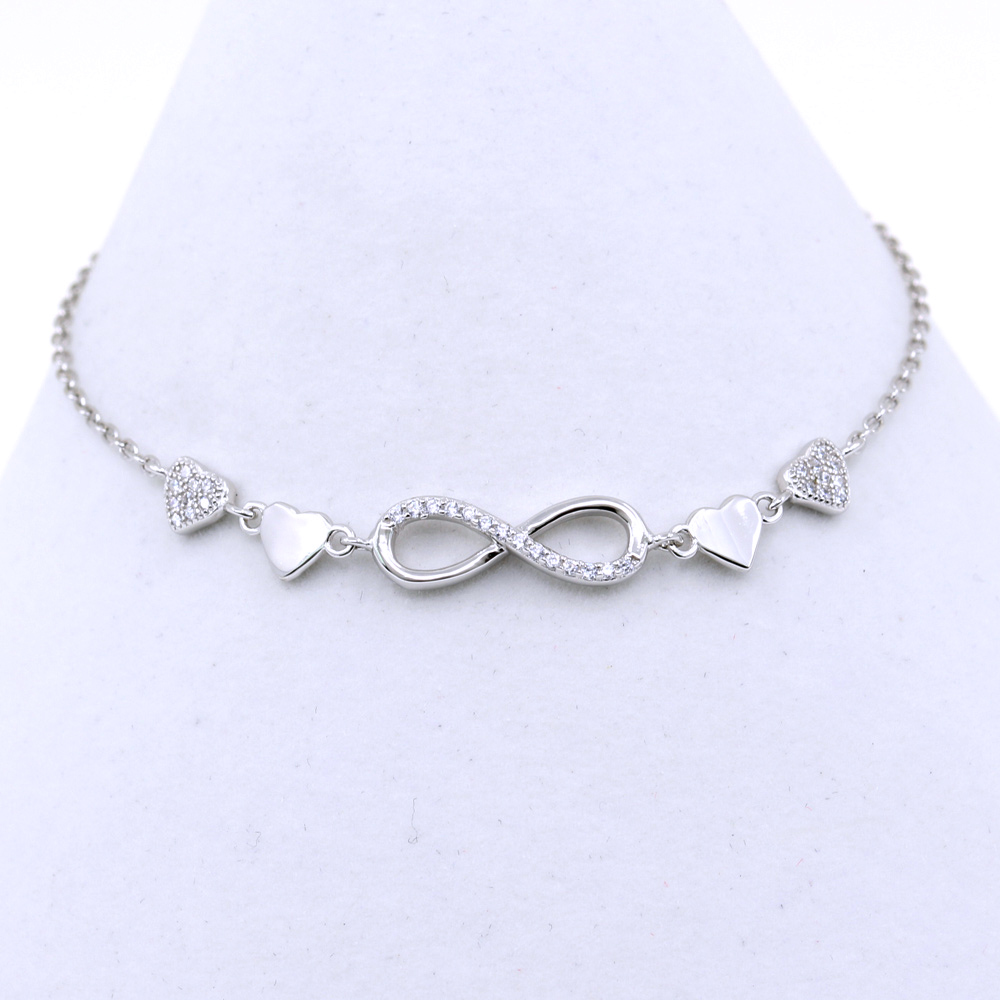 Infinity Bracelet with Hearts, 925 rhodium plated silver, 17+3cm