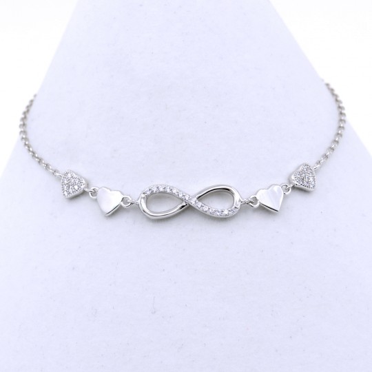 Infinity Bracelet with Hearts, 925 rhodium plated silver, 17+3cm