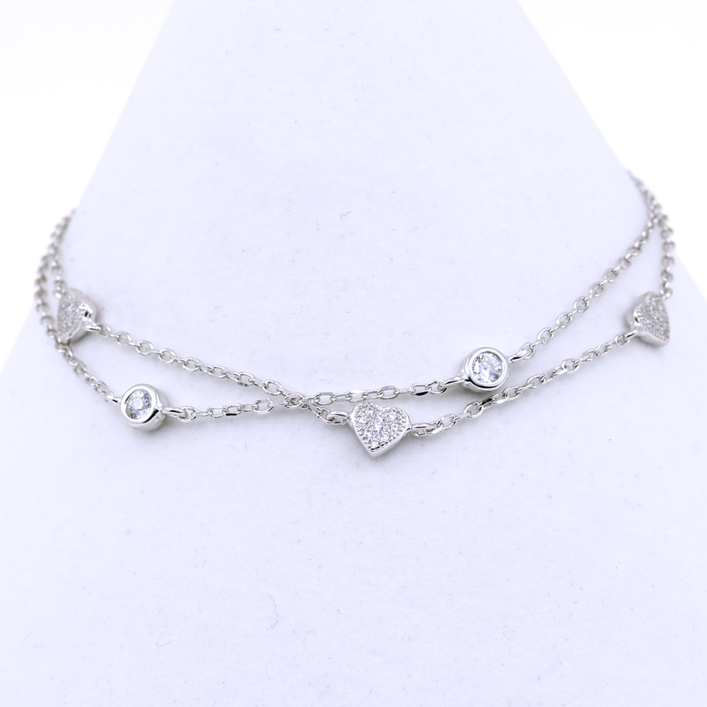 Duo Bracelet with Hearts, 925 rhodium plated silver, 16+3cm