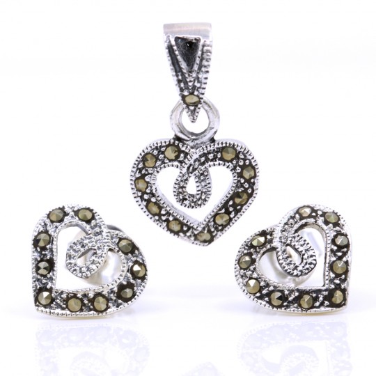 Heart set with marcasite, earrings, pendant, 925 silver