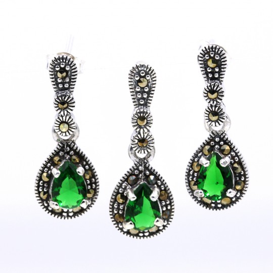 Drop set with marcasite, earrings, pendant, 925 silver, moss green