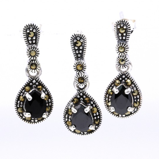 Drop set with marcasite, earrings, pendant, 925 silver, jet black