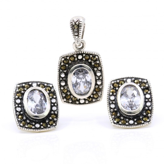 Rectangle set with marcasite, earrings, pendant, 925 silver, transparent white