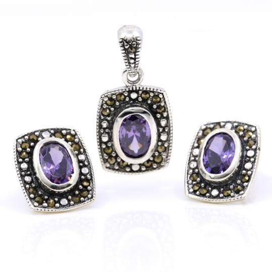 Rectangle set with marcasite, earrings, pendant, 925 silver, purple