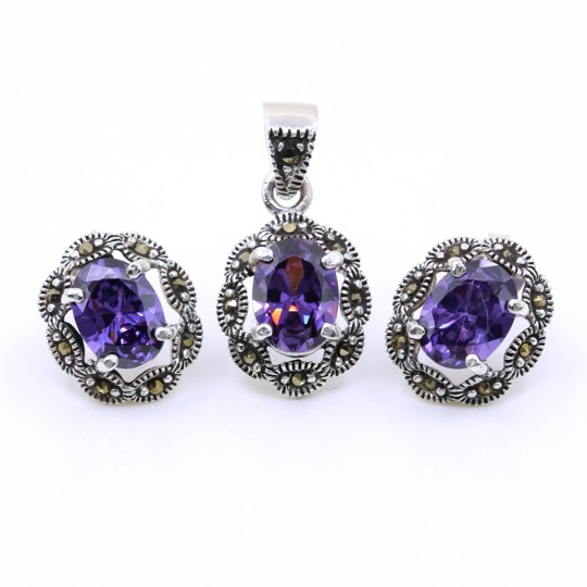 Oval set with marcasite, earrings, pendant, silver 925, purple