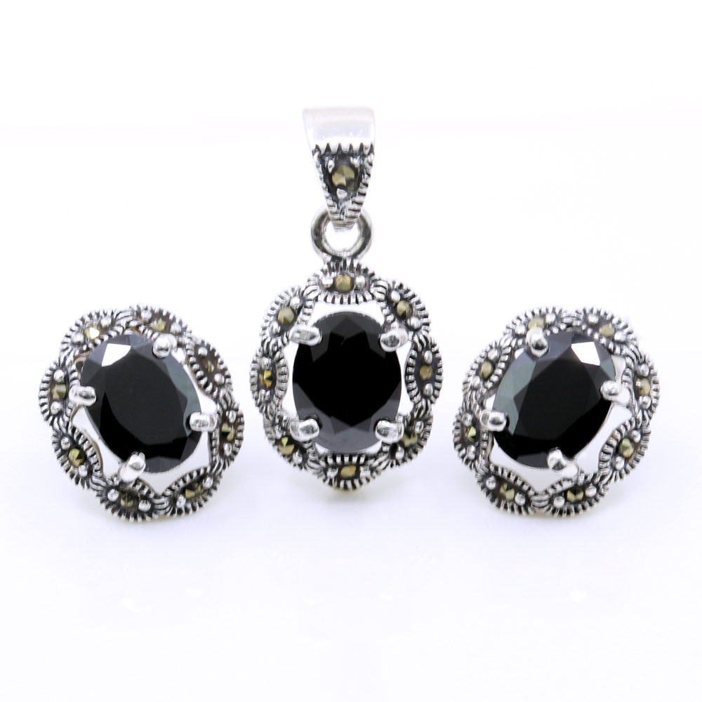 Set Oval cu marcasite, cercei, pandantiv, argint 925, negru jet