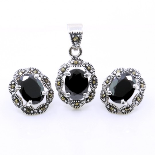 Oval set with marcasite, earrings, pendant, silver 925, jet black