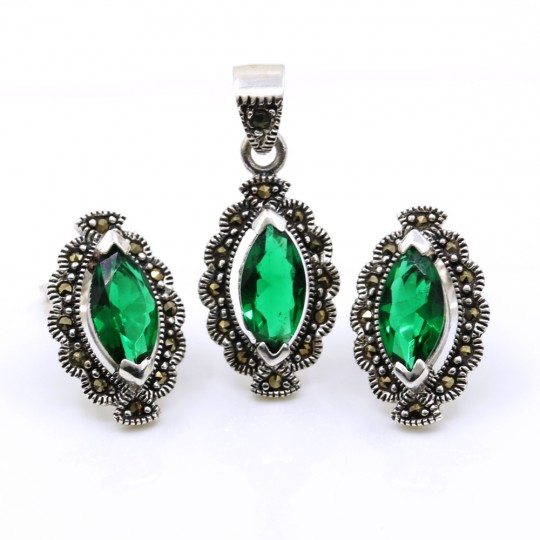 Marquise set with marcasite, earrings, pendant, silver 925, emerald green