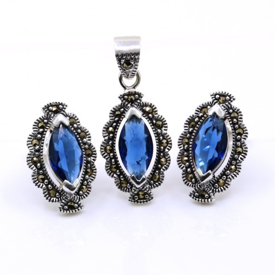 Marquise set with marcasite, earrings, pendant, silver 925, navy blue