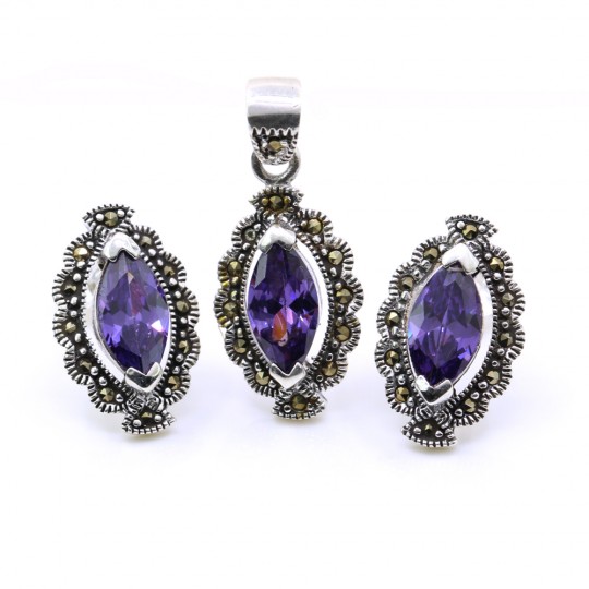 Marquise set with marcasite, earrings, pendant, silver 925, purple