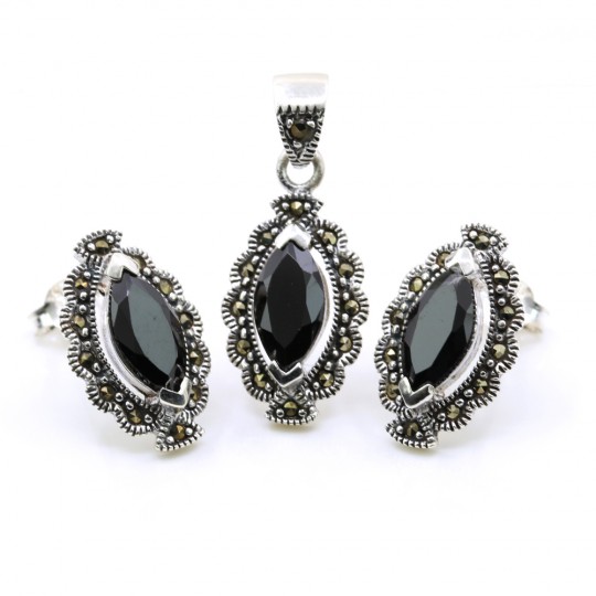 Marquise set with marcasite, earrings, pendant, 925 silver, jet black