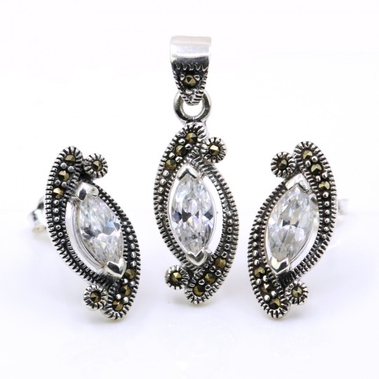 Marquise set with marcasite, earrings, pendant, 925 silver, transparent white