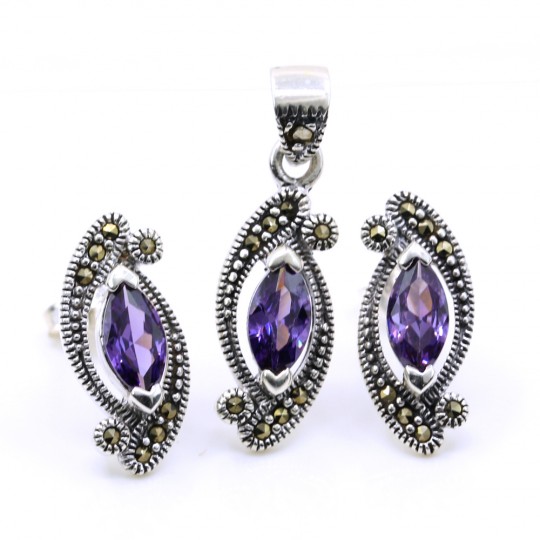 Marquise set with marcasite, earrings, pendant, 925 silver, purple