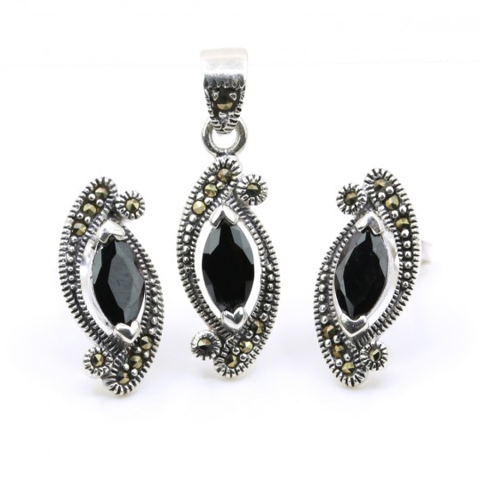 Set Marquise cu marcasite, cercei, pandantiv, argint 925, negru jet