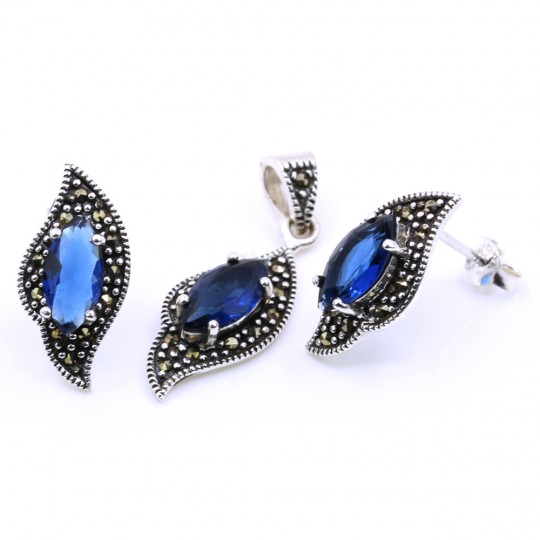 Fancy Marquise set with marcasite, earrings, pendant, 925 silver, blue