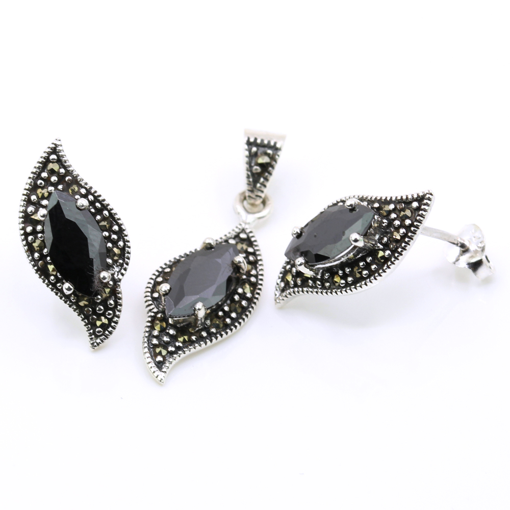 Set Fancy Marquise cu marcasite, cercei, pandantiv, argint 925, negru jet