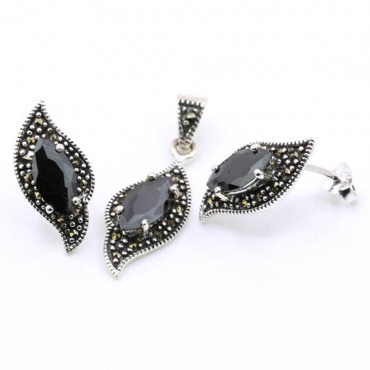 Fancy Marquise set with marcasite, earrings, pendant, 925 silver, jet black