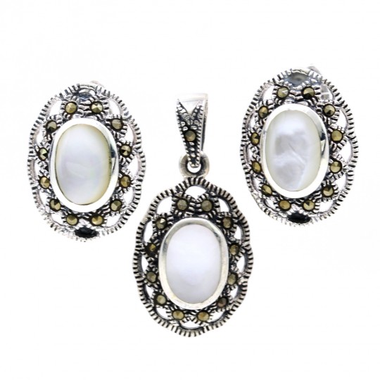 Oval set with marcasite and Mother of Pearl, earrings, pendant, silver 925, mother-of-pearl