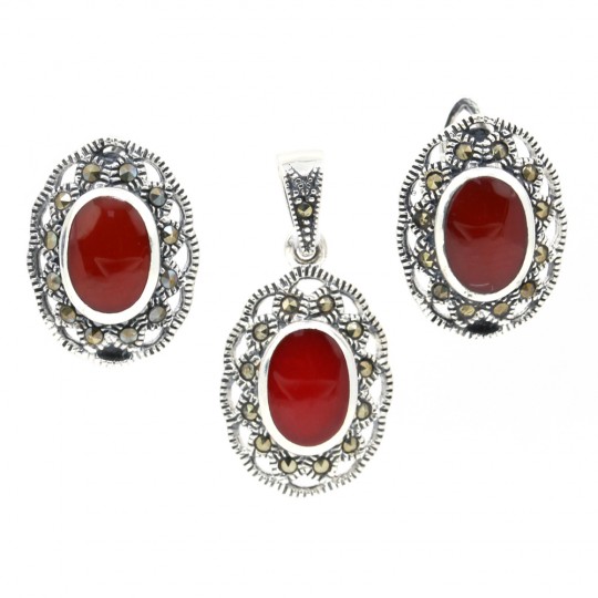 Oval set with marcasite, earrings, pendant, silver 925, carnelian red