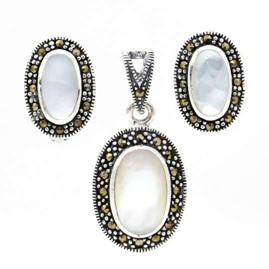 Oval set with marcasite and Mother-of-pearl, earrings, pendant, silver 925, mother-of-pearl