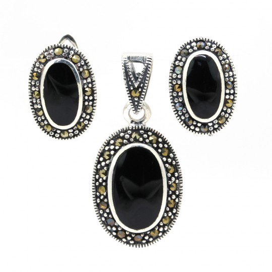 Oval set with marcasite and Onyx, earrings, pendant, silver 925, onyx