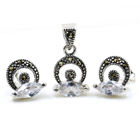 Hazel set with marcasite, earrings, pendant, silver 925, transparent white