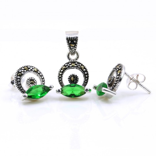 Hazel set with marcasite, earrings, pendant, silver 925, emerald green